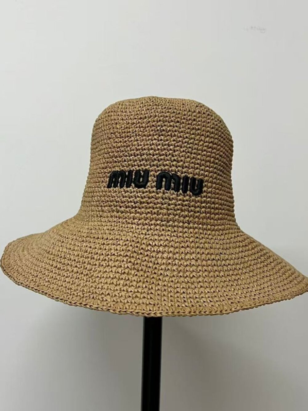 Miu Miu Logo Embroidered Wide Brim Straw Bucket Hat